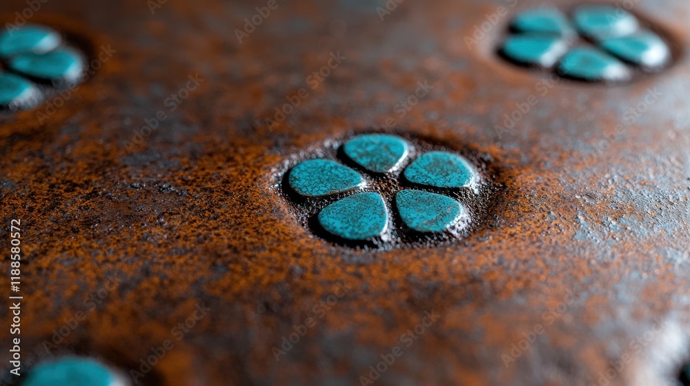 A close up of a rusty metal surface with blue flowers on it A close up of a rusty metal surface with blue flowers on it