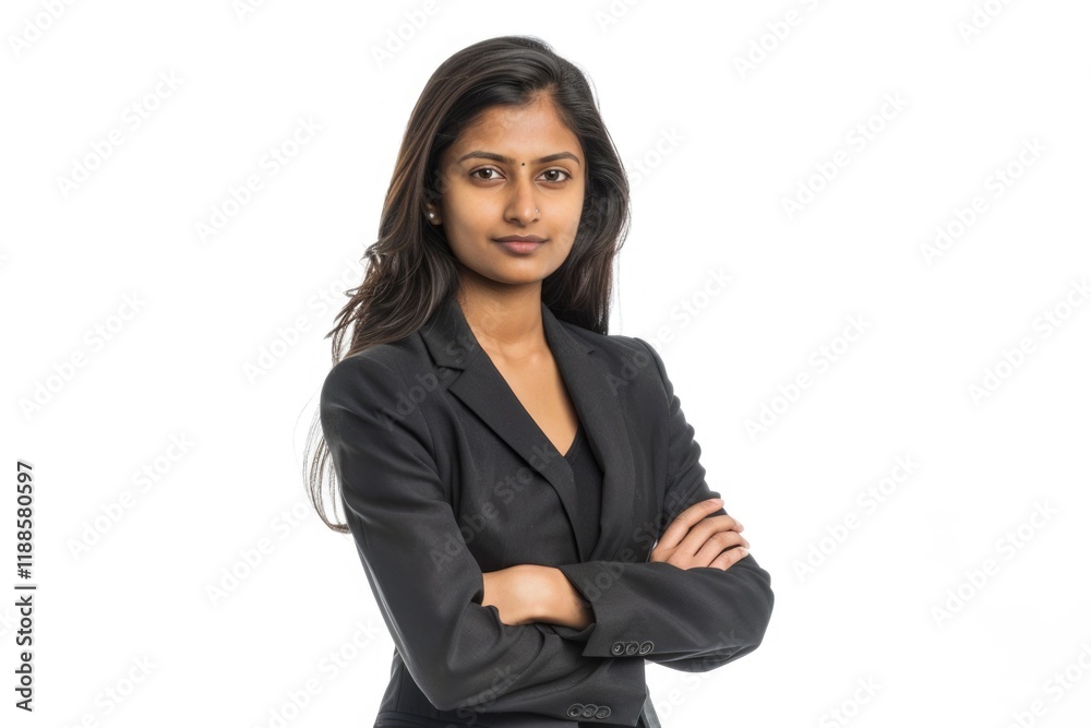 Full length portrait of attractive Indian businesswoman arms folded isolated on white background Full length portrait of attractive Indian businesswoman arms folded isolated on white background