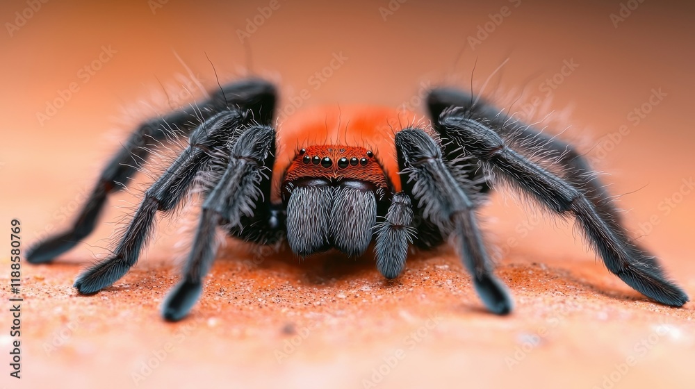 A close up of a jumping spider on a red surface A close up of a jumping spider on a red surface