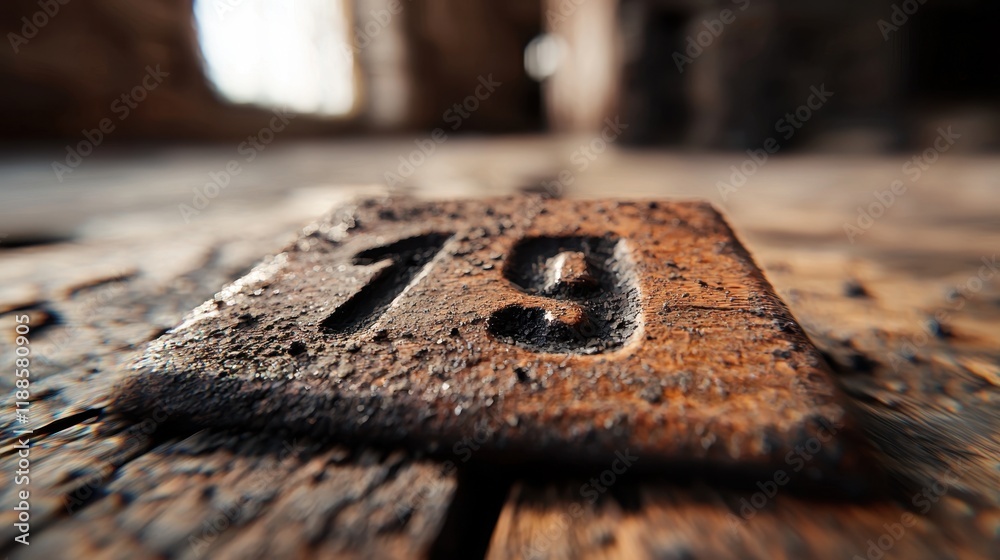 A rusty number nine on a wooden table A rusty number nine on a wooden table