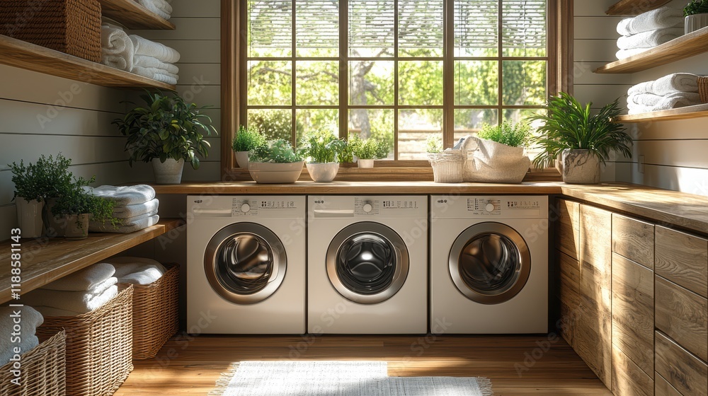 A serene laundry room featuring three washing machines, greenery, and neatly stacked towels, exuding warmth and organization. A serene laundry room featuring three washing machines, greenery, and neatly stacked towels, exuding warmth and organization.