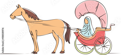 Film & Video,  Self drawing animation of single line draw wedding Arab trying kiss each other. Just married. Happiness bride and groom sitting in carriage pulled by horse. Continuous line draw