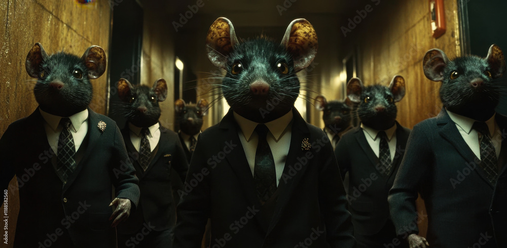 A group of mice wearing formal suits and ties confidently walks down a narrow hallway adorned with wooden panels, creating an intriguing contrast between their appearance and the setting. A group of mice wearing formal suits and ties confidently walks down a narrow hallway adorned with wooden panels, creating an intriguing contrast between their appearance and the setting.