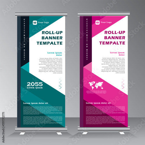 Roll up banner vertical template design, for brochure, business, flyer, modern x-banner and flag-banner advertising. Template vertical roll up banner with blue and pink color, vector illustration