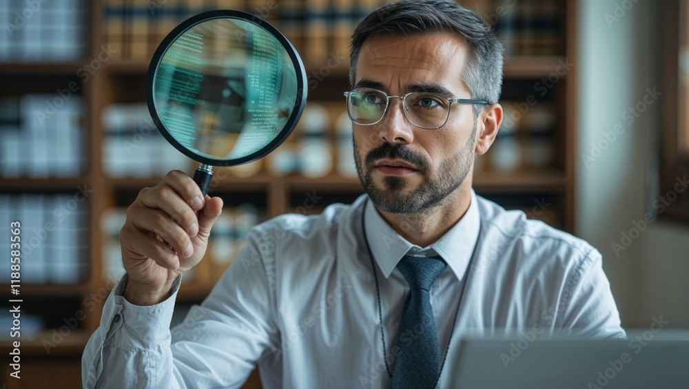 The businessman, peering intently through the magnifier, searches for clues The businessman, peering intently through the magnifier, searches for clues