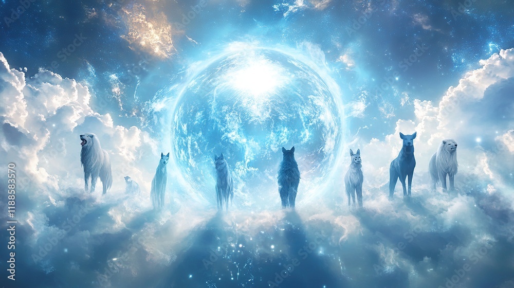 Obraz premium Mystical wolves stand on clouds before a celestial sphere.
