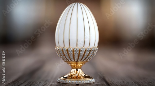 A white and gold egg sitting on top of a wooden table