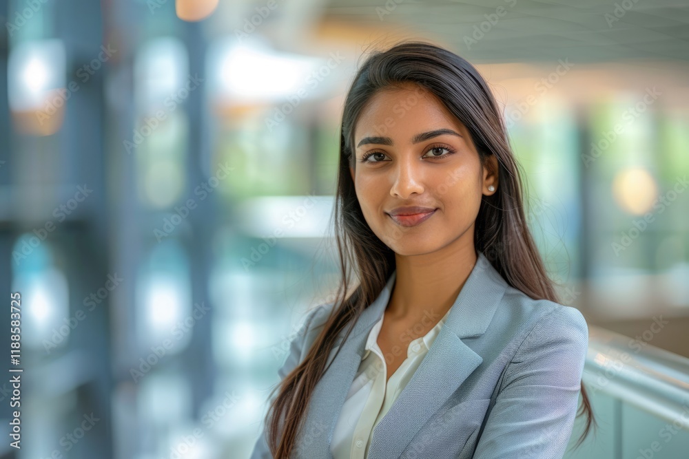 Fototapeta premium Confident Indian business woman in corporate setting smiling.
