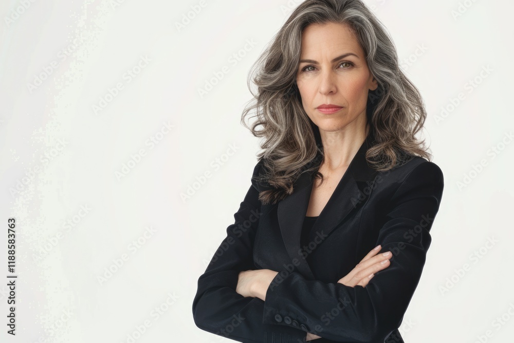 Confident mature woman in formalwear posing against white background.