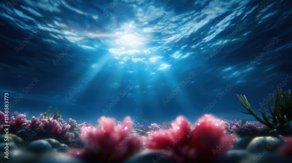 Naklejka premium An underwater scene with sunbeams shining through the water over a coral reef