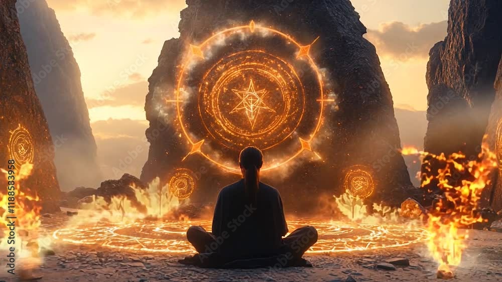 A figure meditates in a circle of glowing runes and ancient symbols ...