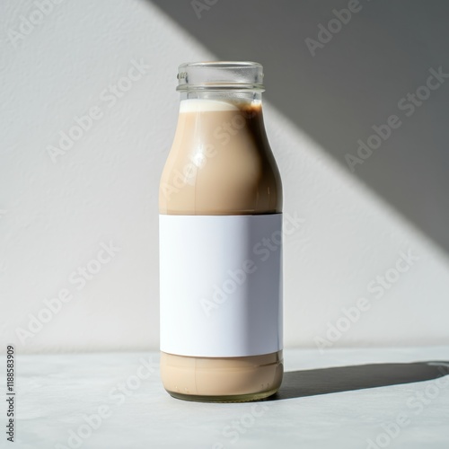 Wallpaper Mural Glass bottle, chocolate milk, white label, coffee beans, minimalist design, studio lighting, gray background, product photography, sleek packaging, high contrast, clean aesthetic, monochromatic palett Torontodigital.ca