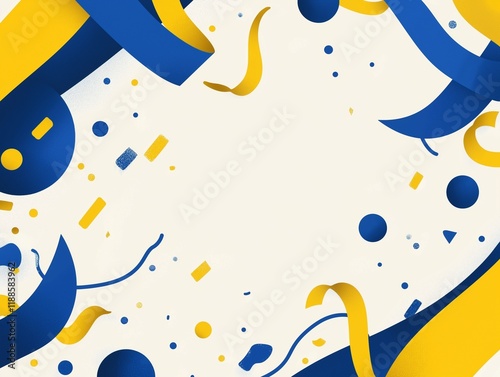 
Blue and yellow background with ribbons, confetti, vector illustration, flat design, simple shapes, no shadows, white space in the center of the composition, white background, high resolution.