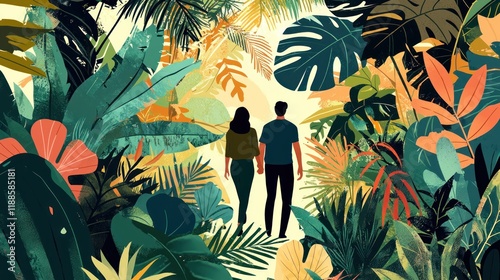 Couple Walking Through Lush Tropical Paradise: A Journey into Nature's Embrace photo