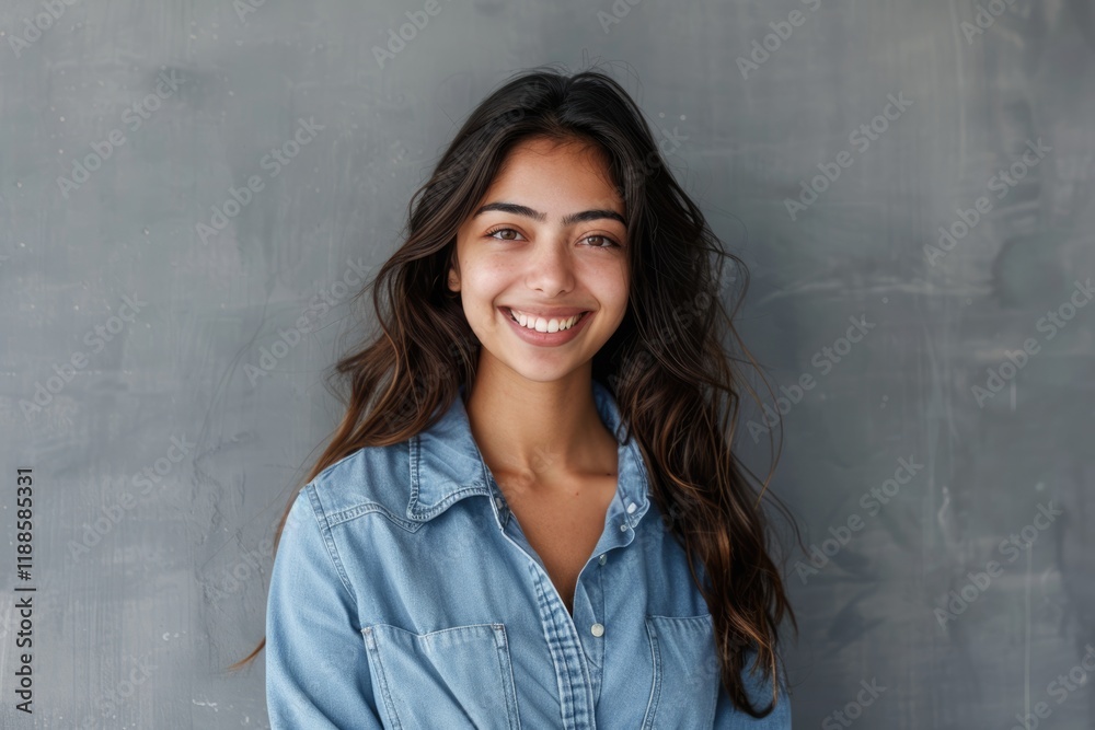 Happy Indian businesswoman in jeans shirt posing on gray background. Happy Indian businesswoman in jeans shirt posing on gray background.