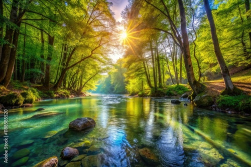 Tranquil river meanders through a serene forest, AI-generated nature's masterpiece.