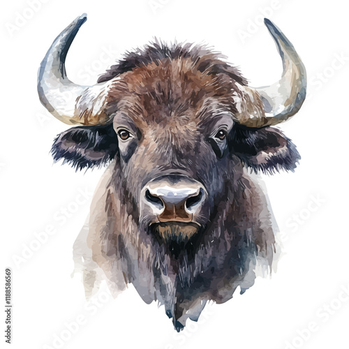 A watercolor vector painting of a buffalo, isolated on a white background. Buffalo vector.

