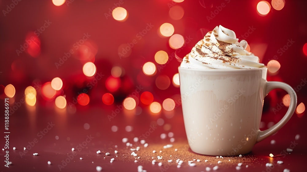 A close-up of an arm gingerbread latte served in a festive cup with a large copy space on the top topped with whipped cream and nutmeg, Generative AI. A close-up of an arm gingerbread latte served in a festive cup with a large copy space on the top topped with whipped cream and nutmeg, Generative AI.