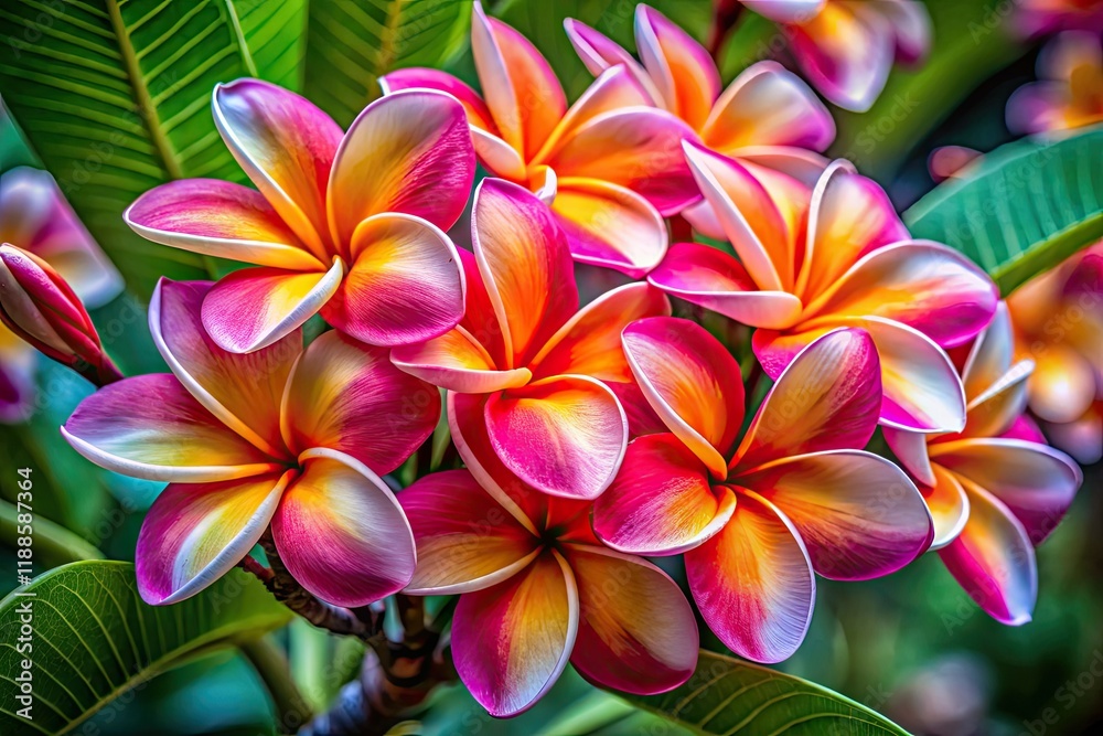 Fototapeta premium Vibrant plumeria blossoms, close-up. Tropical beauty, exotic fragrance, evokes spa relaxation and Hawaiian lei.