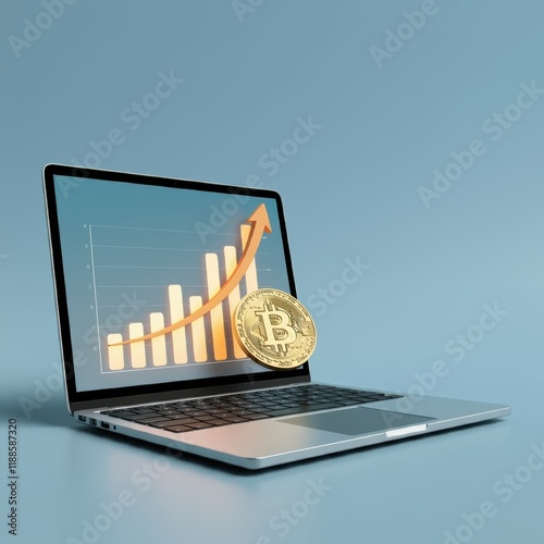 Laptop screen with 3D elements, large golden Bitcoin coin, rising bar graph, upward trending arrow, financial growth concept, digital currency investment, vibrant colors, turquoise background, photore photo