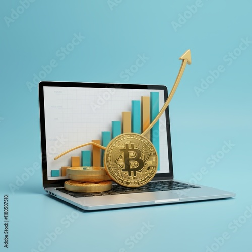 Laptop screen with 3D elements, large golden Bitcoin coin, rising bar graph, upward trending arrow, financial growth concept, digital currency investment, vibrant colors, turquoise background, photore photo