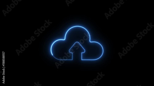 cloud upload icon on digital technology blue neon motion graphic loop animation style