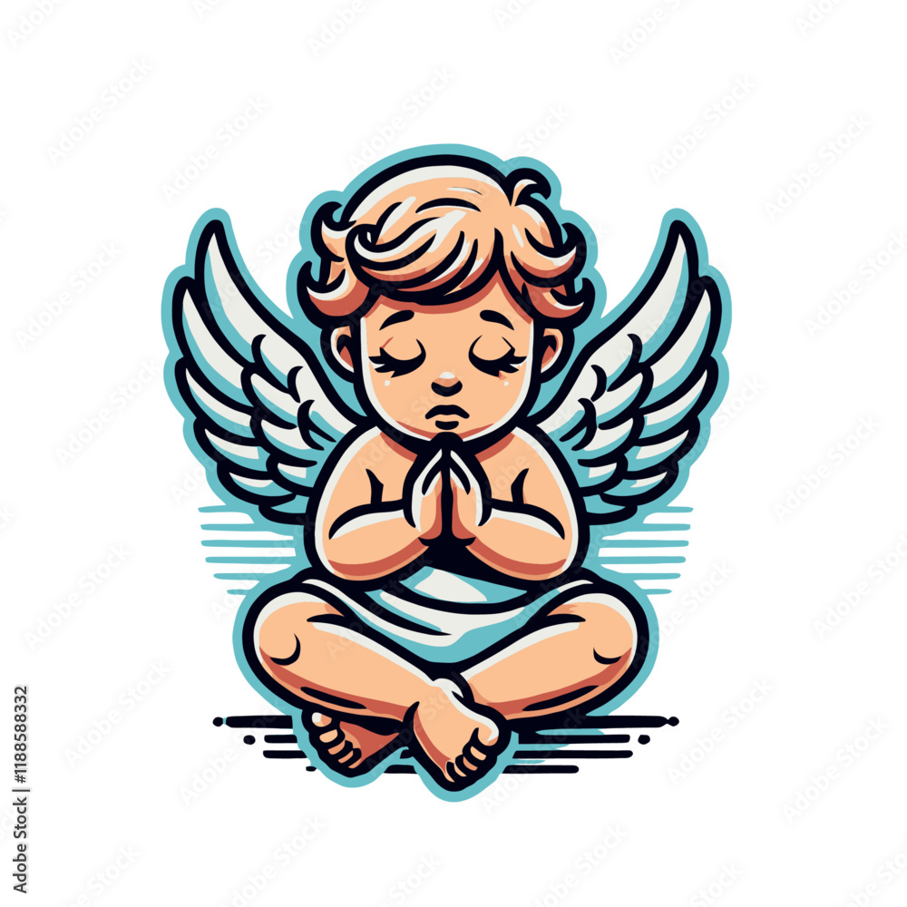 Fototapeta premium Cheerful cherub with wings in a meditative praying pose, glowing with serenity. A spiritual and artistic character illustration for decorative or creative themes. Isolated vector illustration.
