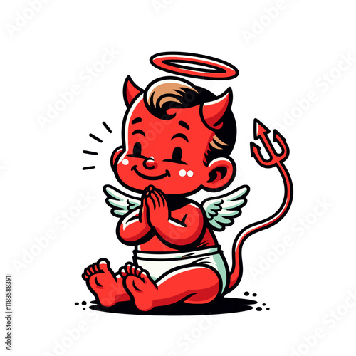 Cheerful devilish cherub in red with halo, wings, and tail, sitting and praying. A playful and vibrant character illustration for fantasy or creative themes. Isolated vector illustration.