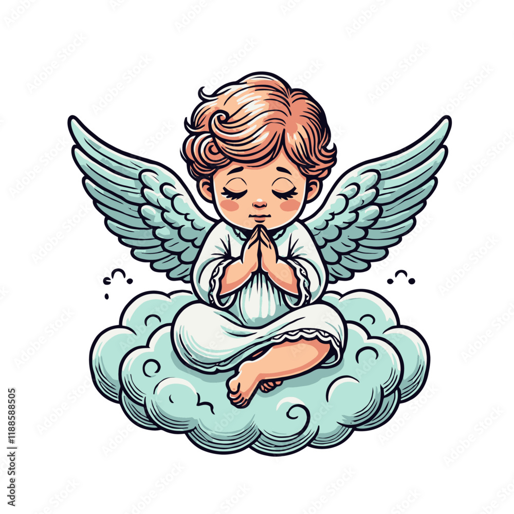 Fototapeta premium Sweet cherub with soft wings and a prayerful expression, sitting on a fluffy cloud. A serene and spiritual character illustration for celestial or decorative designs. Isolated vector illustration