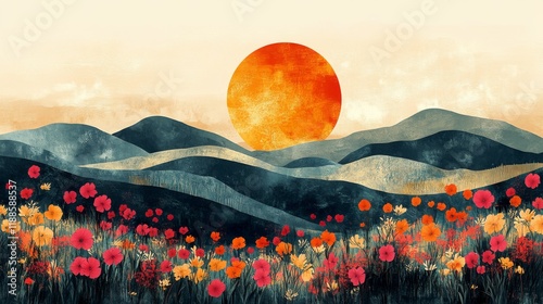 Vibrant sunset painting over a flowery meadow with rolling hills background and dreamy skies