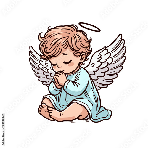 Adorable cherub in a soft blue robe with wings and halo, sitting in a prayerful pose. A sweet and spiritual character illustration for decorative or festive designs. Isolated vector illustration