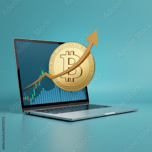 Laptop screen with 3D elements, large golden Bitcoin coin, rising bar graph, upward trending arrow, financial growth concept, digital currency investment, vibrant colors, turquoise background, photore photo