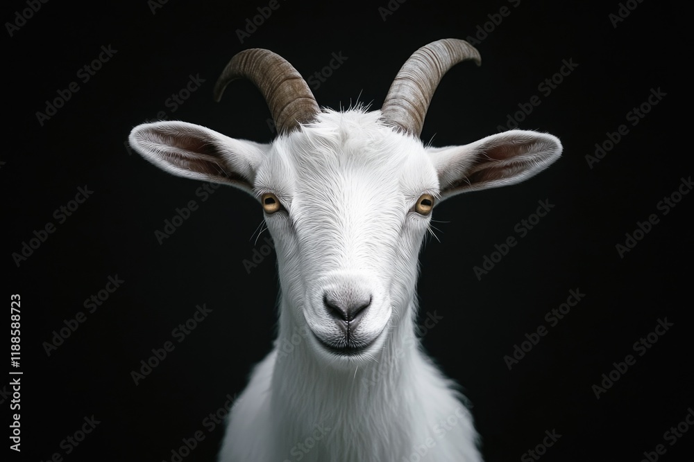 Goat with horns is staring at the camera Goat with horns is staring at the camera
