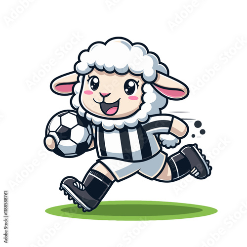 Adorable sheep mascot in black-and-white soccer uniform running with a football on the field. A playful and dynamic character illustration. Isolated vector illustration