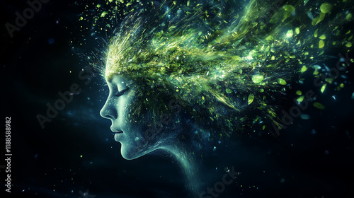 Eine junge Frau im Profil, aus deren Haaren Pflanzen und Ranken erwachsen, Naturschutz durch Mutter Gaia, Querformat vor dunklem Hintergrund