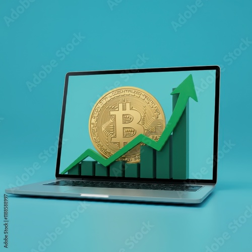 Laptop screen with 3D elements, large golden Bitcoin coin, rising bar graph, upward trending arrow, financial growth concept, digital currency investment, vibrant colors, turquoise background, photore photo