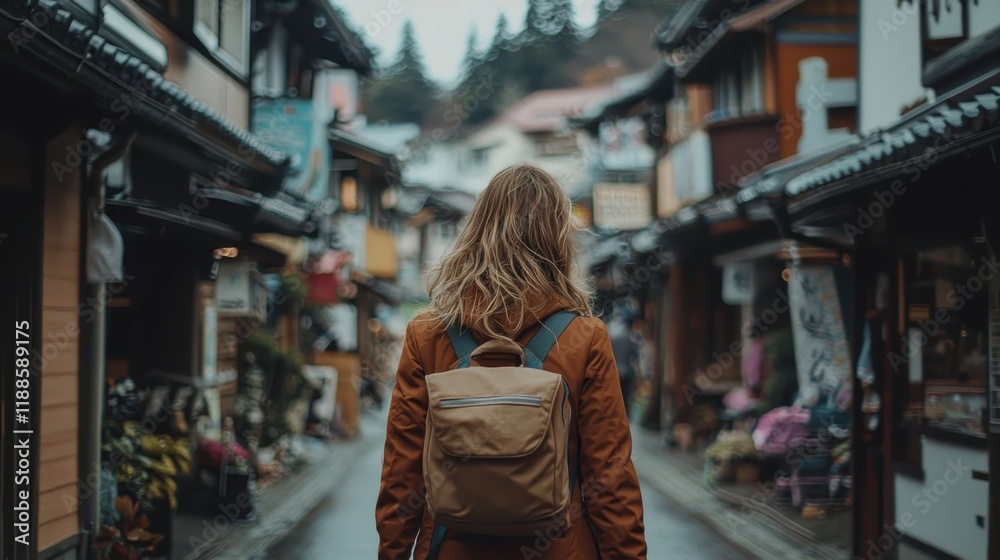 Fototapeta premium Woman exploring small town on foot during road trip