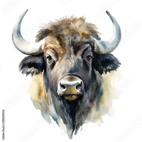 A watercolor vector painting of a buffalo, isolated on a white background. Buffalo vector.

