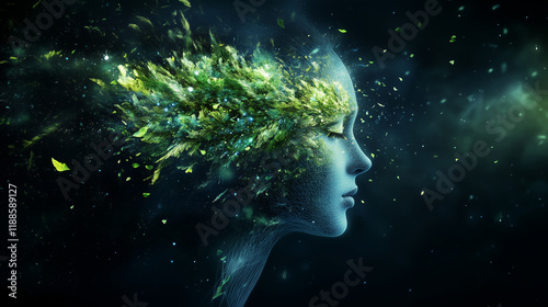 Natürliches Wachstum und Naturschutz als Personifizierung einer jungen Frau, Mutter Gaia wacht über die Natur, Querformat