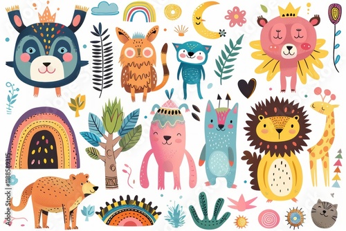 A lively collection of illustrated animals and nature elements including a lion, giraffe, and rainbow. The vibrant colors and playful designs create a cheerful atmosphere. A set of fabulous characters
