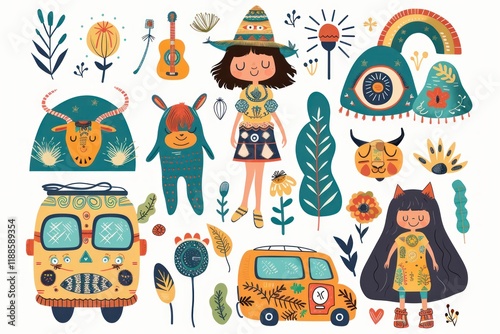 Colorful and whimsical illustrations of animals and fabulous cartoon characters and creatures in a playful way. A set of fabulous characters
