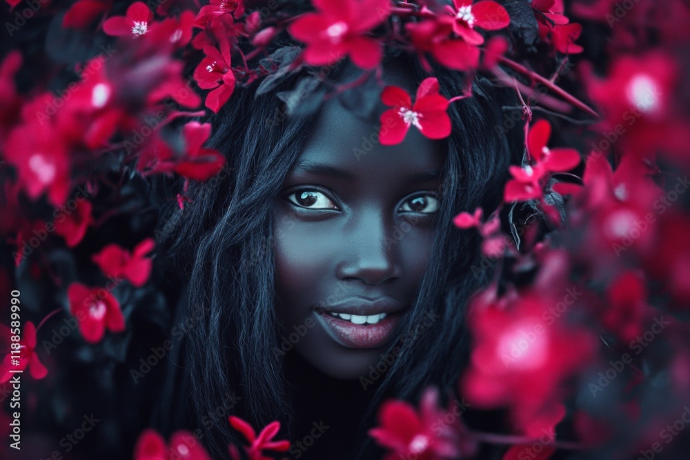 Fototapeta premium Commercial commercial visual idea. Gorgeous smiling black girl - for ads, billboard ad and social media use. Long haircut - gorgeous bush hair. Creative black portrait photography.
