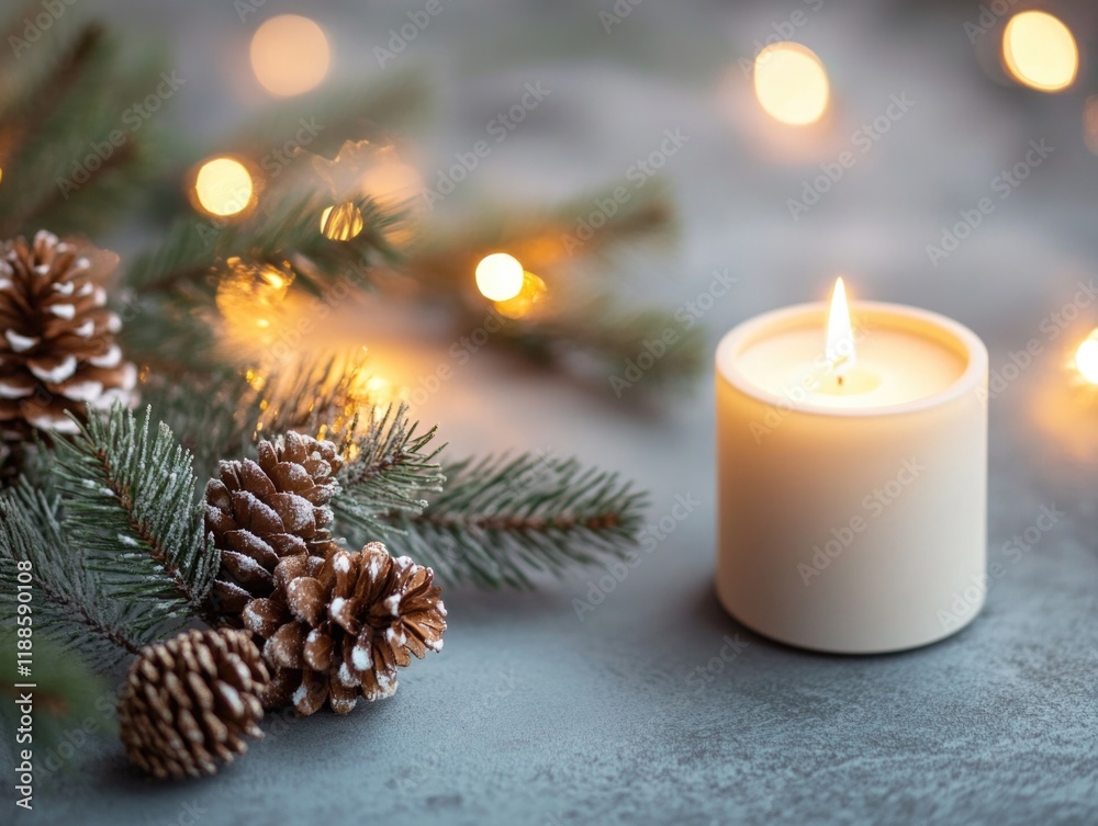 Candle is lit in front of pine cones and twigs Candle is lit in front of pine cones and twigs