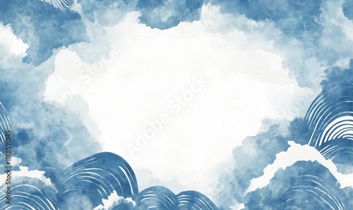 
Abstract Japanese background with light blue watercolor swirls and circular shapes, on a white background.