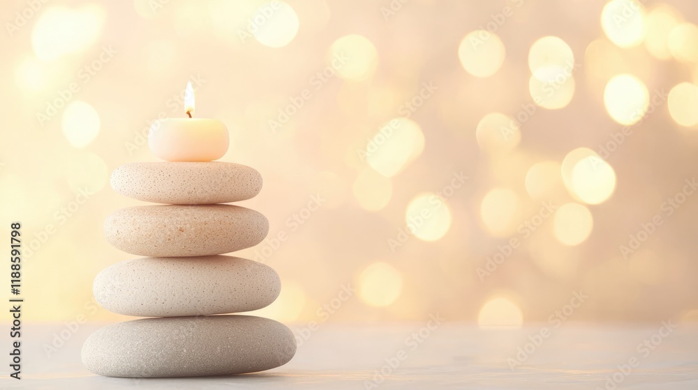 A serene arrangement of smooth stones with a candle on top, set against a soft, glowing background, evoking calmness and tranquility. A serene arrangement of smooth stones with a candle on top, set against a soft, glowing background, evoking calmness and tranquility.