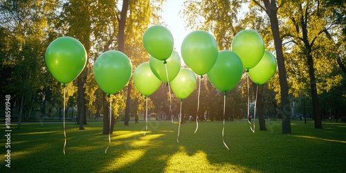 Bunch of green balloons are floating in the air in a park