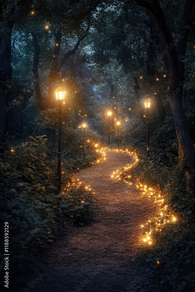 Path in a forest with lights on the ground Path in a forest with lights on the ground