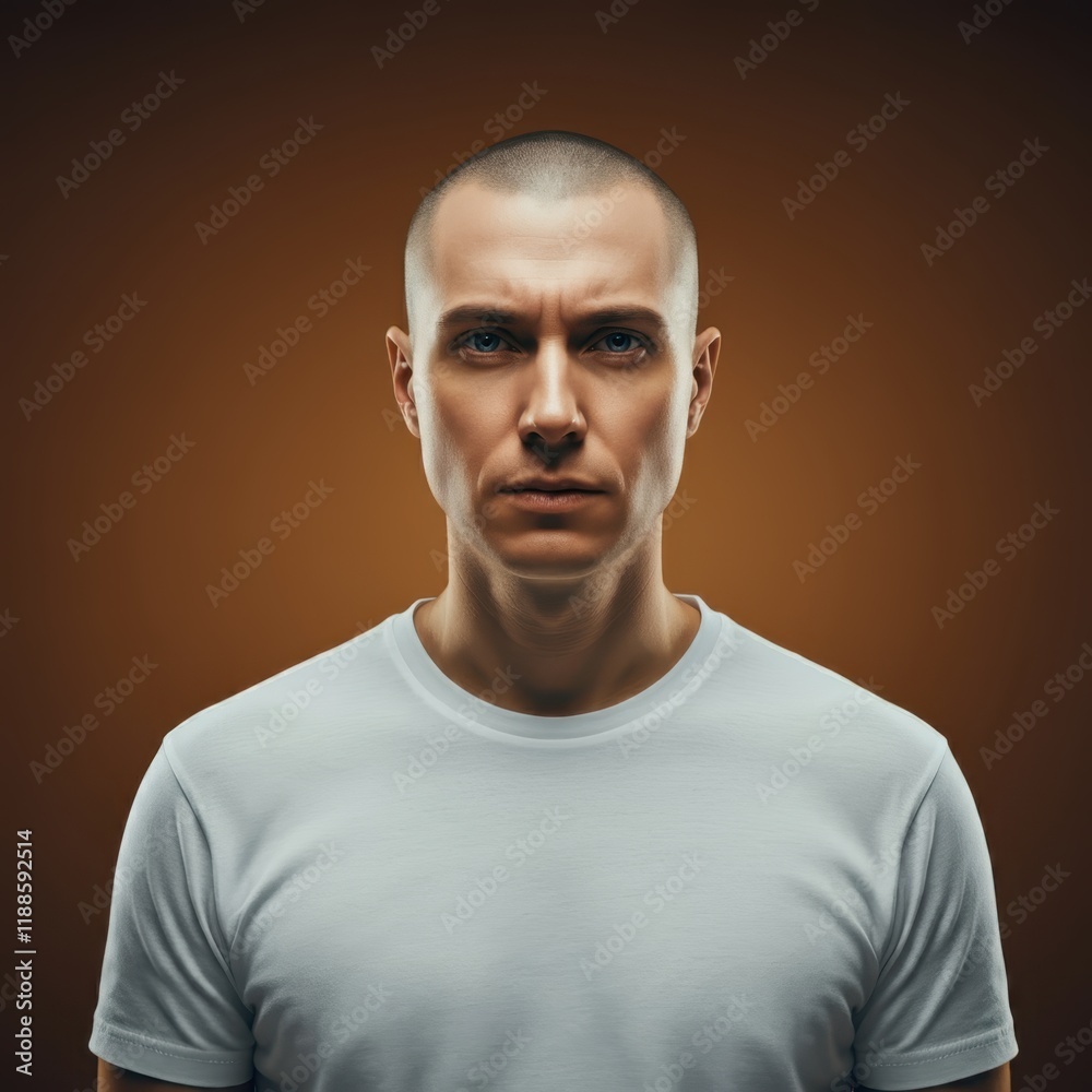 Fototapeta premium Male model, plain white t-shirt, simple casual style, studio lighting, brown background, photorealistic, high detail, clean composition, fashion photography, minimalist aesthetic, 8k resolution, comme