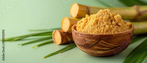 A large writing room with a wooden bowl with jaggery powder plus sugarcane stalks on a pale green backdrop for background use, Generative AI. photo