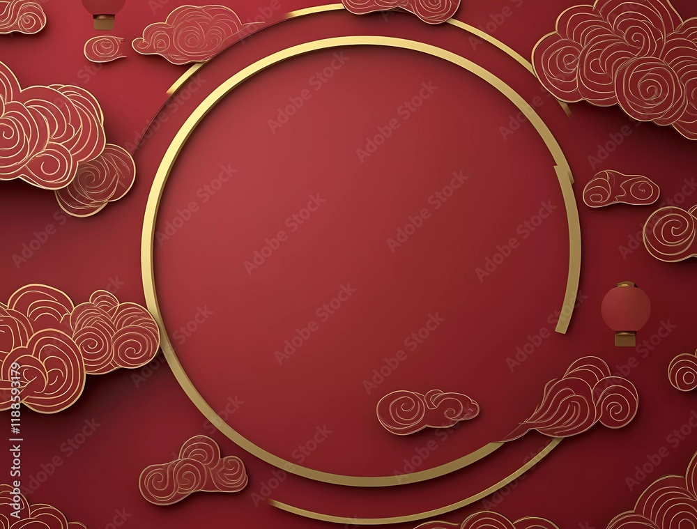Chinese New Year background with lanterns and clouds, paper-cut style, red color theme, golden line border on the right side of an empty circle in the center for product presentation. Chinese New Year background with lanterns and clouds, paper-cut style, red color theme, golden line border on the right side of an empty circle in the center for product presentation.